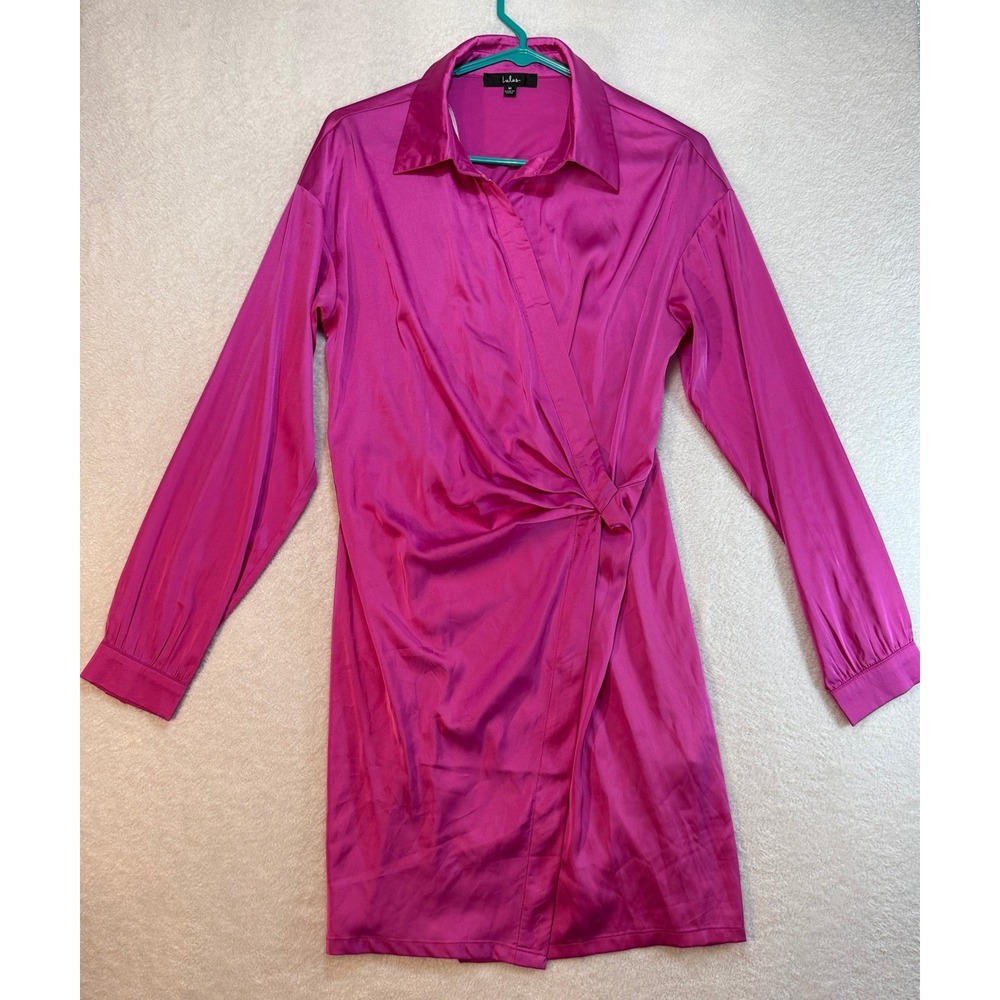 Lulus Fuchsia Pink Satin Wrap Mini Shirt Dress Long Sleeve Cocktail Party Size M